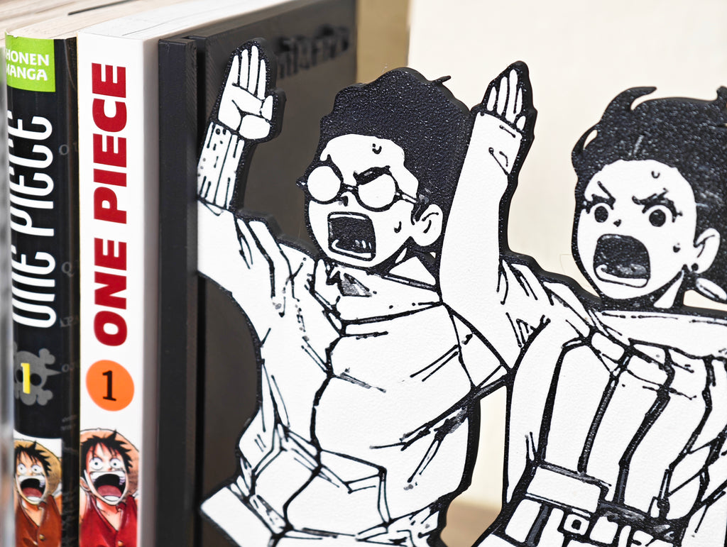 Sujetalibros de Momo y Okarun corriendo